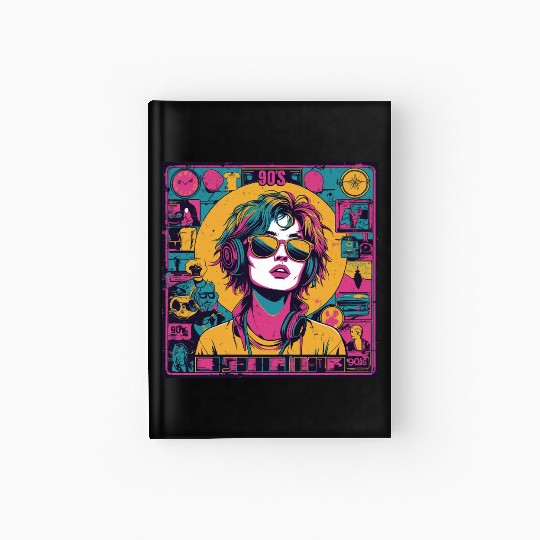90s Retro Vibe – Neon Pop Girl with Headphones Hardcover Journal