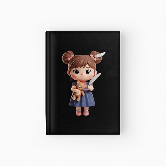 Whimsical Girl with Feather and Teddy Bear Hardcover Journal