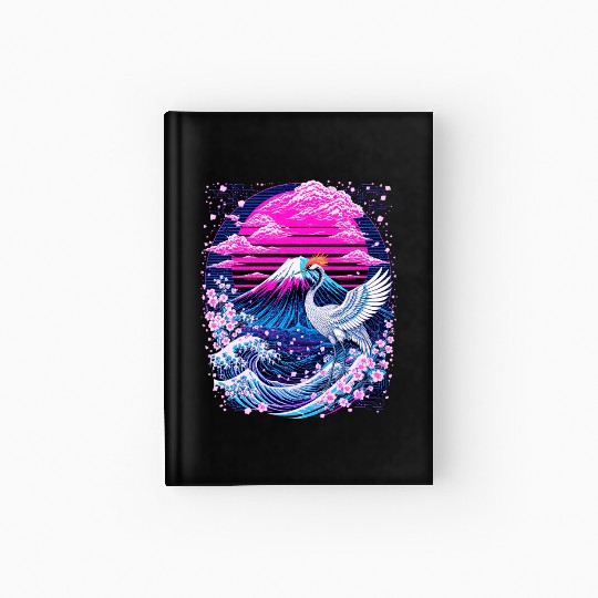 Neon Sakura Crane & Mount Fuji Scene Hardcover Journal