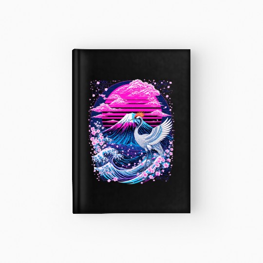 Neon Sakura Crane & Mount Fuji Scene Hardcover Journal