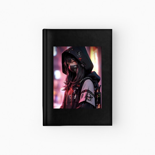 Cyberpunk Hooded Girl with Neon Accents Hardcover Journal