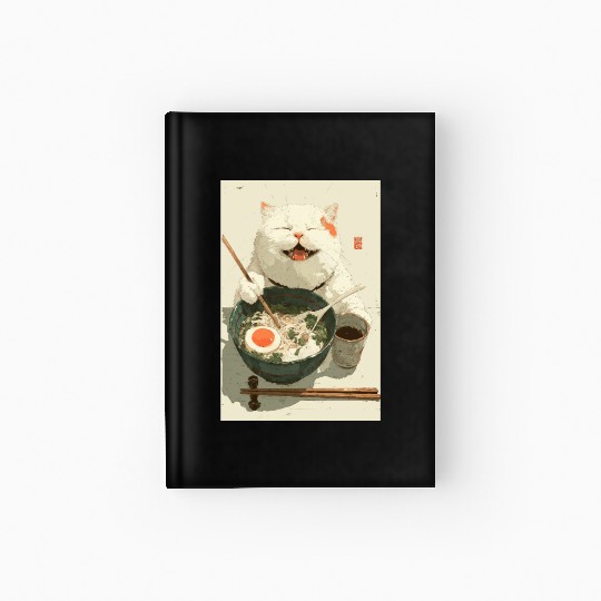 Happy White Cat Eating Ramen Hardcover Journal
