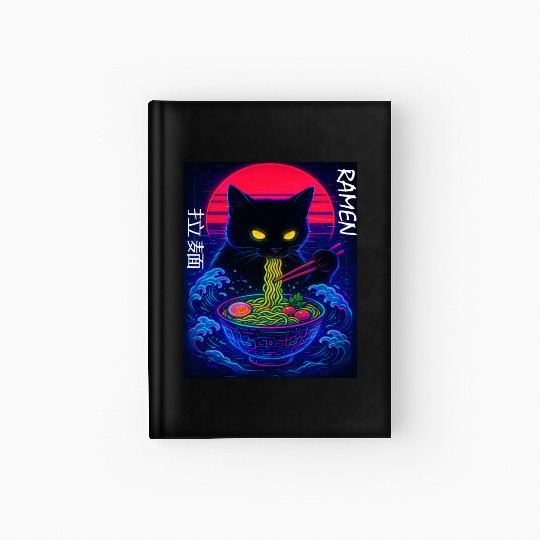 Neon Black Cat Ramen Art Hardcover Journal