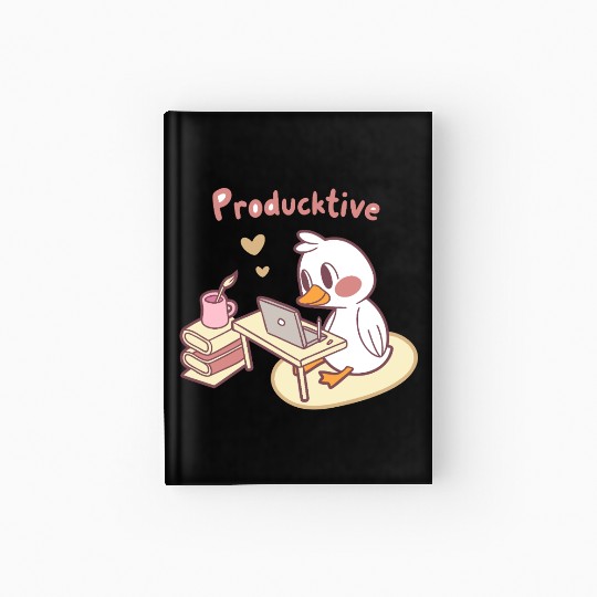 Cute Duck with Laptop, Books and Coffee Hardcover Journal