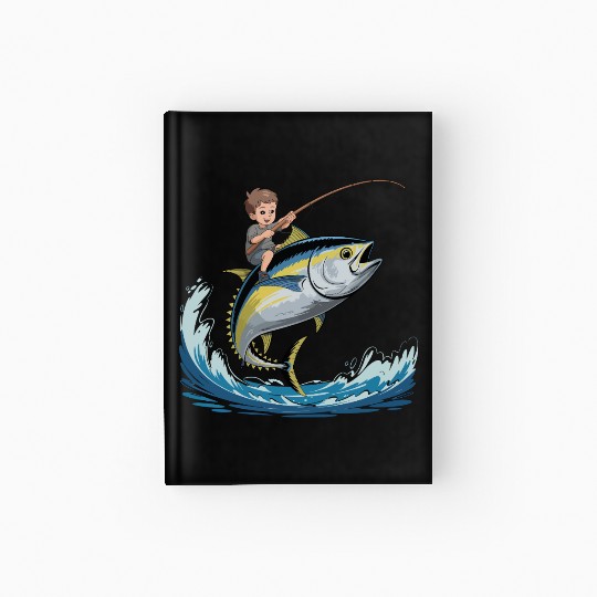 Joyful young boy rides massive jumping tuna Hardcover Journal