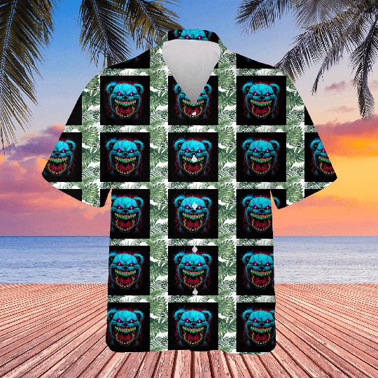 Bear Evil Smile Street Wear Blue Neon Lights Hawaiians