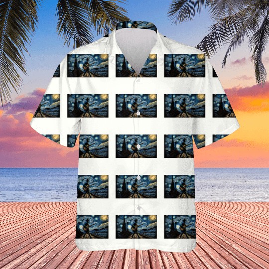 man walking with a guitar van gogh style Hawaiians