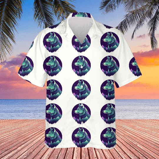 Starry Night Wolf With Northern Light Colors Hawaiians