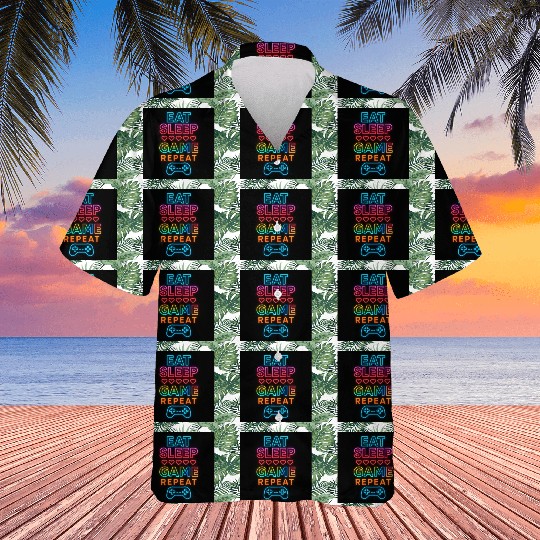 Gamer Quote Neon Eat Sleep Game Repeat Hawaiians
