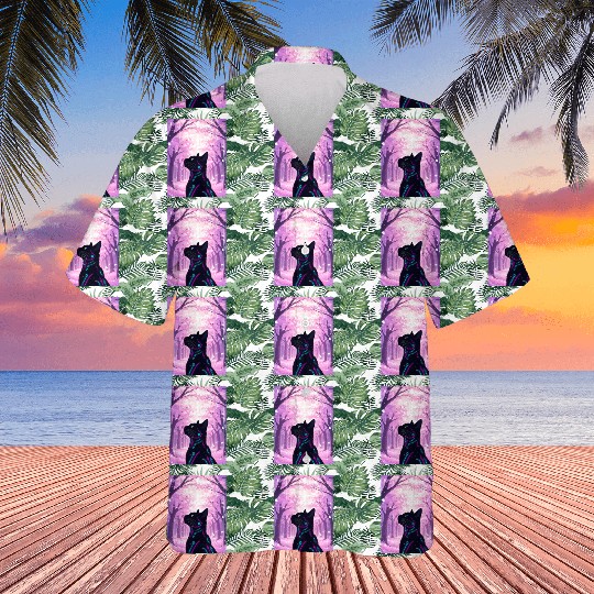 Midnight Cyber Cat | Pink Cherry Blossom Forest Hawaiians