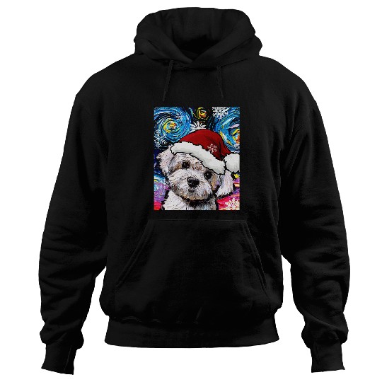 Dog Maltipoo in Santa Hat Starry Night Dog Christmas Art by Aja Hoodies