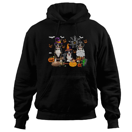 Three Entlebucher Mountain Dogs Mummy Witch Scary Pumpkins Hoodies