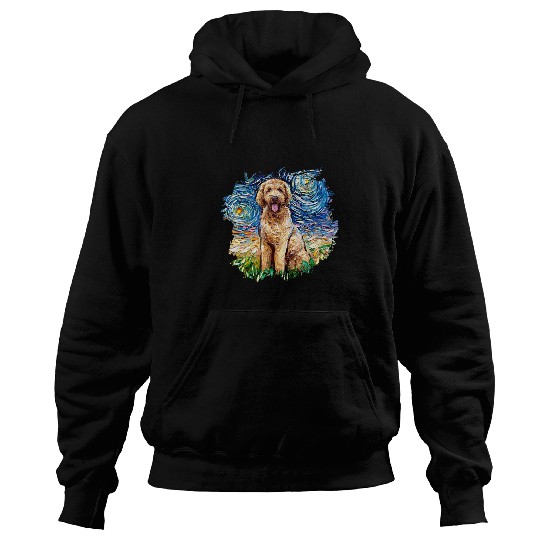 Goldendoodle Starry Night Cute Doodle Dog Art by Aja Hoodies