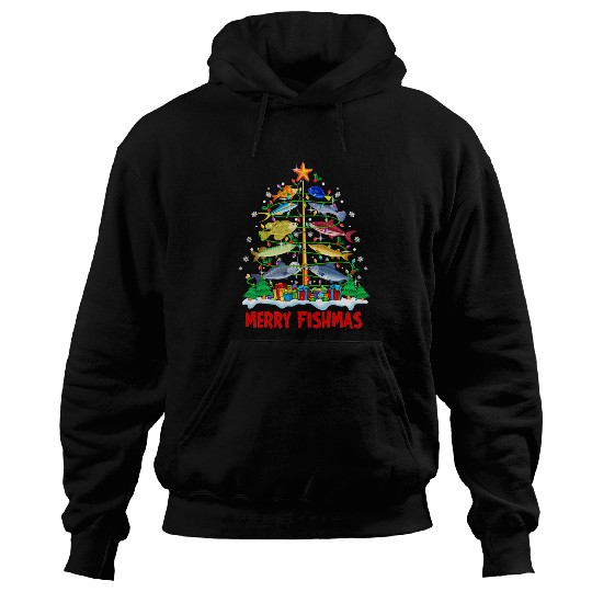 Fishing Merry Fishmas Funny Christmas Tree Lights Fish Fishing Rod Fisher Hoodies
