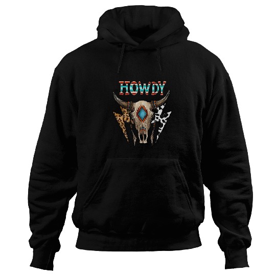 Skeletons Skulls Boho Bull Skull Howdy Leopard Lightning Western Country Skull Hoodies