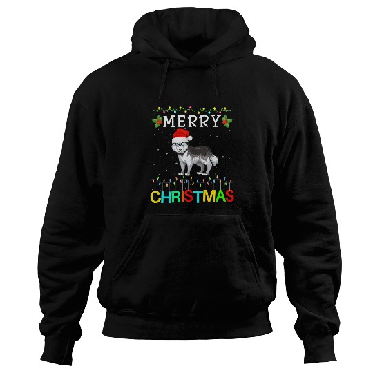 Dog Husky Siberian Husky Dog Merry Christmas Light Style Matching Xmas Hoodies