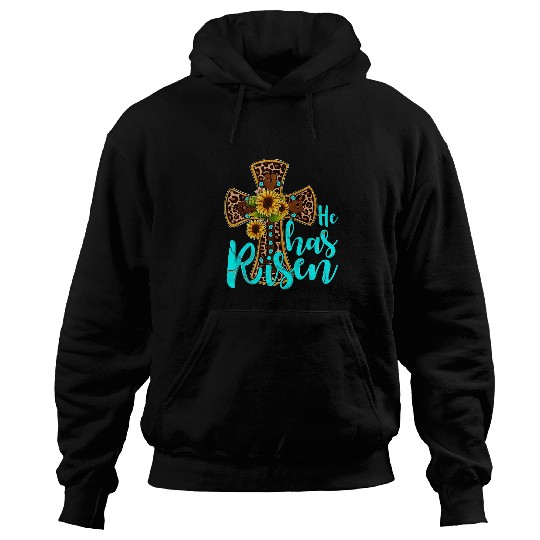 Christian Jesus Christ Christian Western Leopard Sunflower Turquoise He has Risen Jesus Cross 114 Bible Verse Christ Hoodies