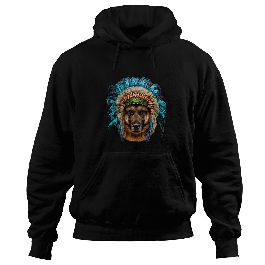 GSD in American Indian Warrior Headdress German Shepherd Dog Dog Hoodies