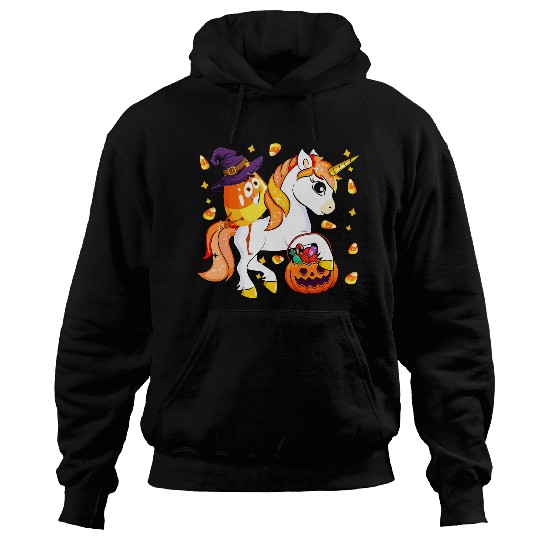 Candy Corn As Witch Riding Unicorns Halloween Carved Pumpkin Hoodies