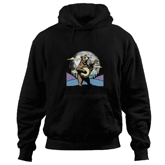 Funny Banjo Bears Banjo Pickin Bear Retro Folk Music Night Moon Graphic Hoodies