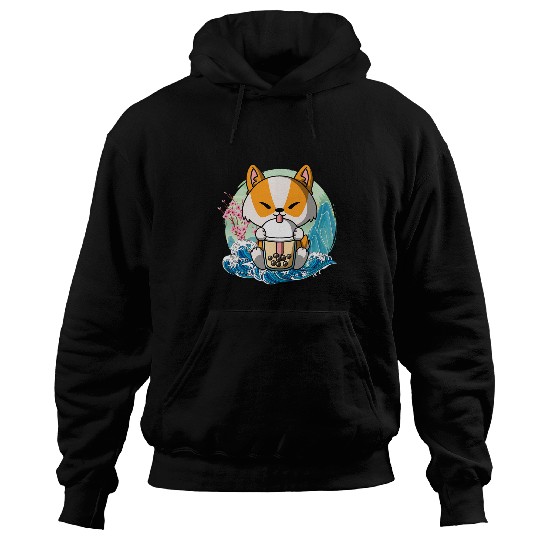 Corgi Pet Boba Tea Corgi Dog Japanese Great Wave Kanagawa Hoodies