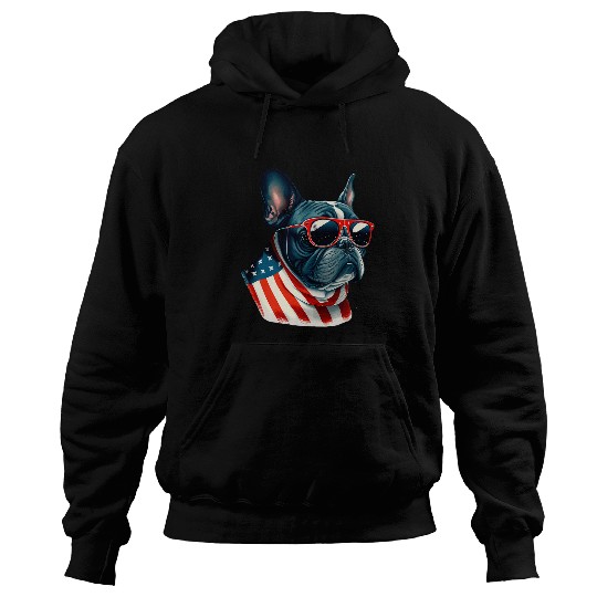 French Bulldog Pet With Sunglasses And American Flag USA 1 Hoodies