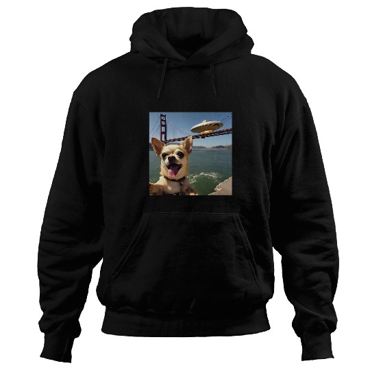 Chihuahua Pet selfie with UFO alien Golden Gate Bridge dog dad Hoodies