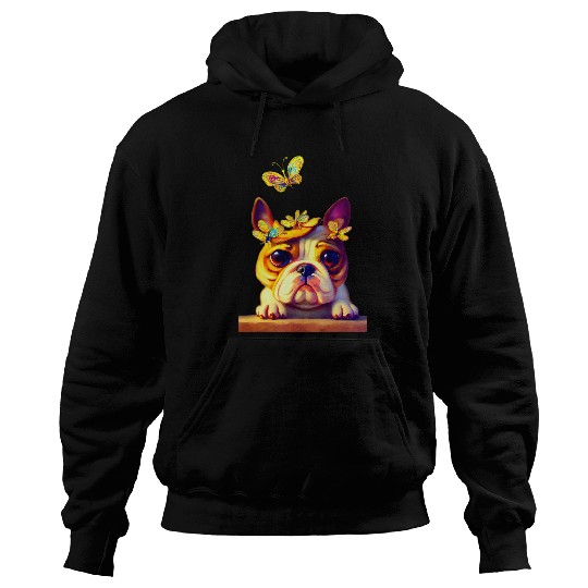 French Bulldog Pet Cute Chibi French Bulldog With Butterflies Landing On Him Hoodies