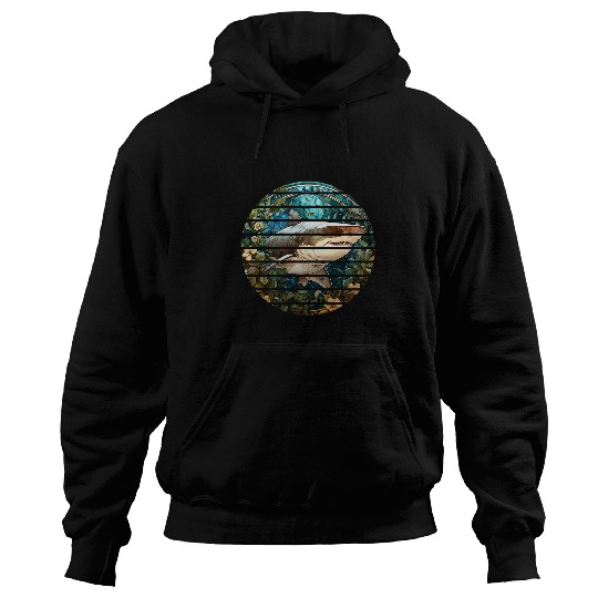 Fishing Fun Retro circle stained glass great white shark ocean fishing Hoodies