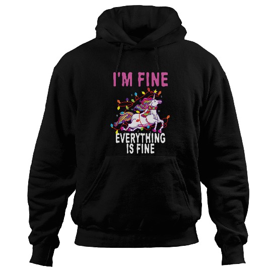 Unicorn Pet Funny Christmas Lights Im Fine Everything Is Fine Hoodies