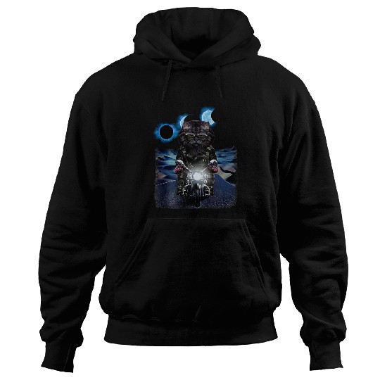 Black Tabby Cat Riding Motorcycle Cruising Desert Eclipse Hoodies
