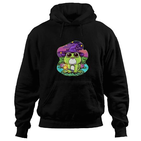 Frog Pet Wizard Sitting On A Water Lily Pad Holding Magic Wand Hoodies