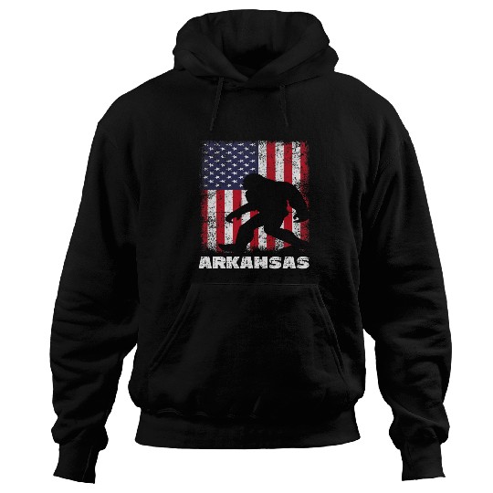 Bigfoot Pet Retro Sasquatch Arkansas USA Flag BigFoot Hiking Camping Hoodies