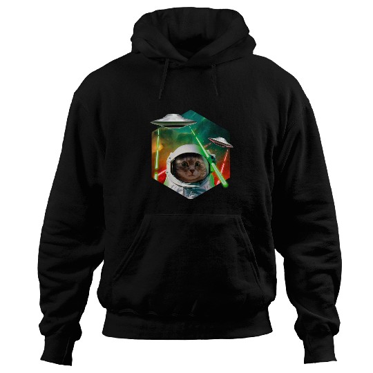 Aliens UFO Funny Laser Cat Astronaut Space Cat With Alien UFO Spaceship Hoodies