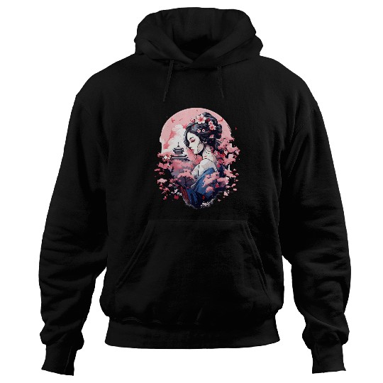 Japanese Art Ukiyoe Anime Geisha Cherry Blossom Mount Fuji Hoodies