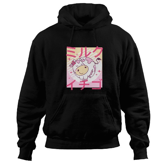 Cow Pet Strawberry Milk Cute Kawaii Cow Japanese Writing Hoodies