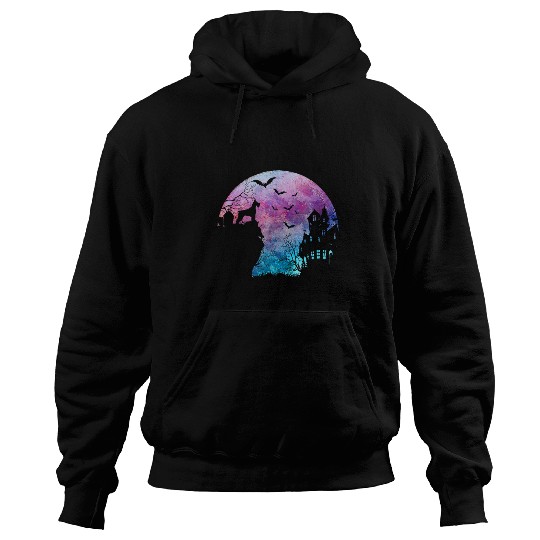 Schnauzer Pet Haunted House Watercolor Full Moon Halloween Hoodies