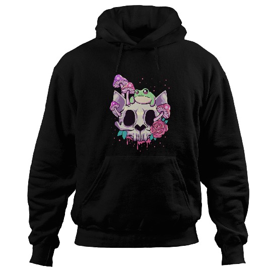 Frog Pet Pastel Goth Kawaii Frog On A Cat Skull with Mushroom Hoodies