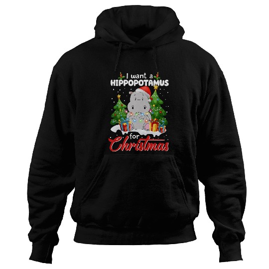 Hippo Pet I Want a Hippopotamus for Christmas xmass Lights Santa Hat Hoodies