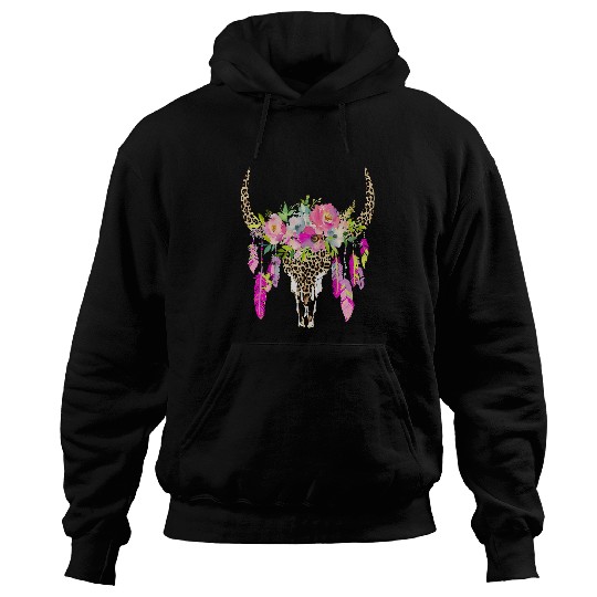 Cow Pet Leopard Cow Skull with Flowers Tribal T funny Hoodies
