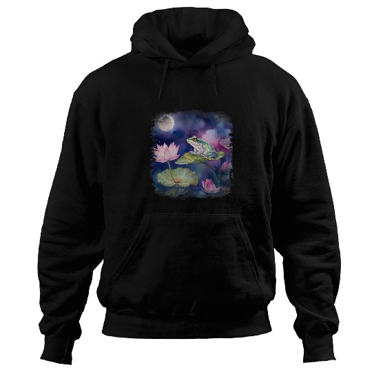 Frog Pet sitting on lily pad flower lotus moon night Hoodies