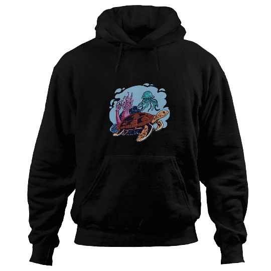Turtle Pet Cartoon Turtle And Jellyfish Underwater Scene For Kids Hoodies