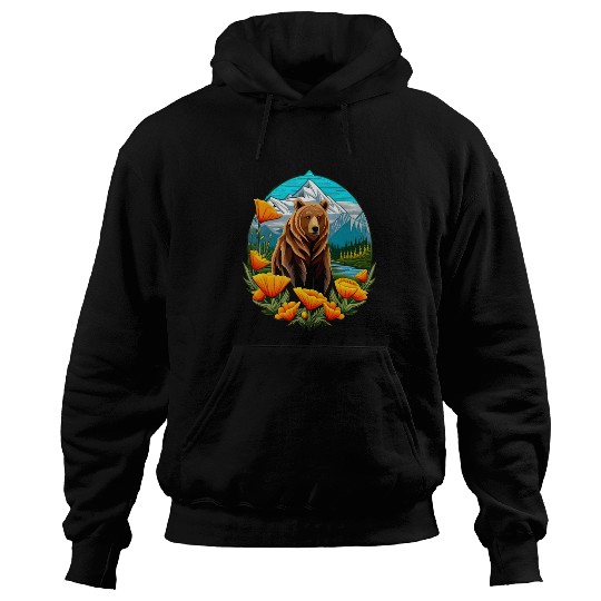 Bear Pet Bear In Mountain Landscape With Orange californias Poppies Hoodies