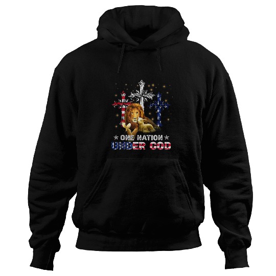 Lion Pet Jesus One Nation Under God Cross American Flag 4th Of July Hoodies