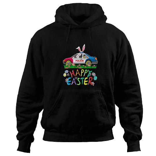 Happy Easter Cute Bunny Riding Police Car Hunting Eggs Hoodies