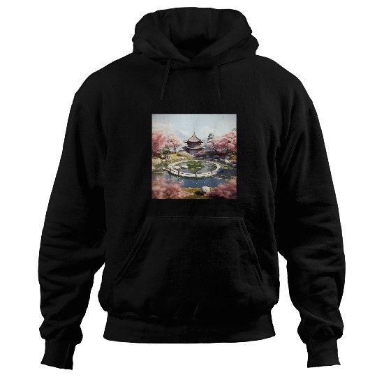 Circular Oasis Korean Serenity Amid Reflective Waters Hoodies