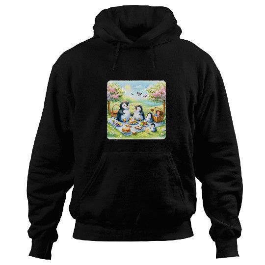 Penguin Pet Family Picnic In Meadow With Flowers Butterflies Hoodies
