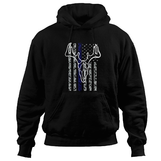 Deer Skull Line Art With Thin Blue Line Camo Police Flag V3 Hoodies