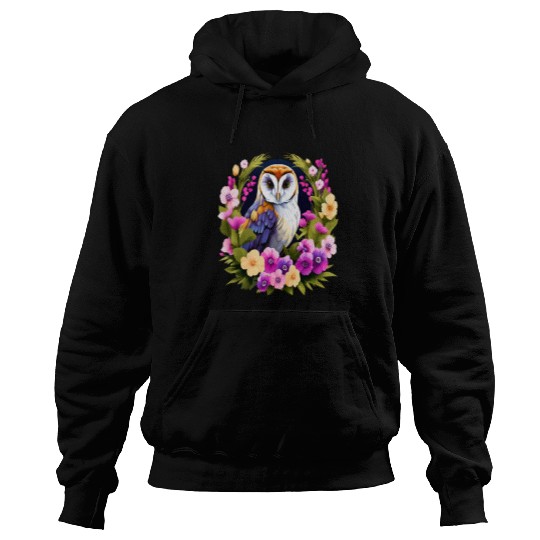 Owl Pet Cute European Barn Owl Surrounded by Bold Spring Flowers 1 Hoodies