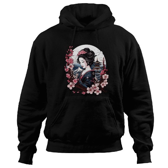 Japanese Geisha With Mount Fuji And Pagoda Cherry Blossom 1 Hoodies